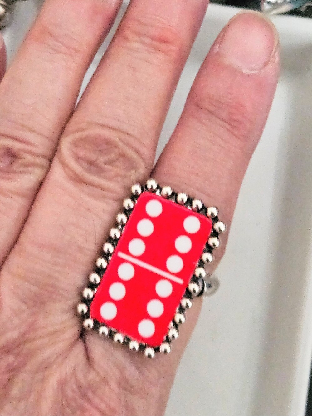 RED DOMINO RING ADJUSTABLE SIZE 7 - 9 - Picture 2 of 6